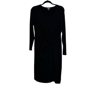 J Jill Size Medium Wearever Stretch Twist Faux Wrap Drape Waist Midi Dress Black